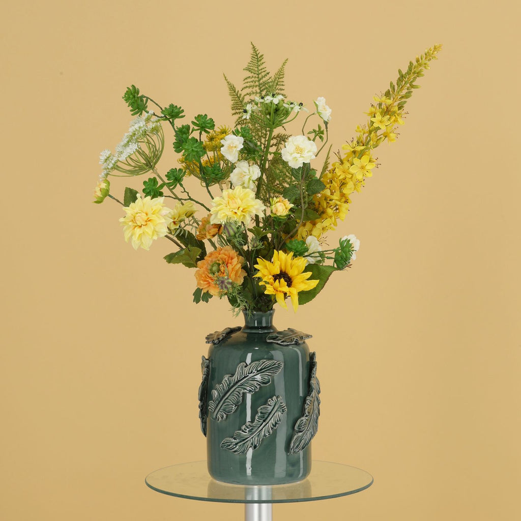 Handgebonden kunstboeket Vivianne Florence - Geel/Groen