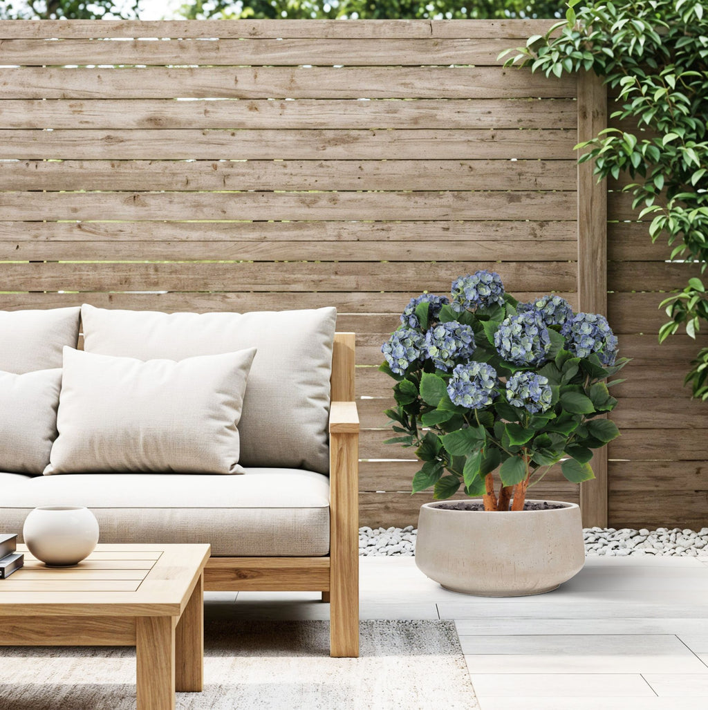 Blauwe kunsthortensia voor buiten met stelen van 80 cm, UV-bestendig.