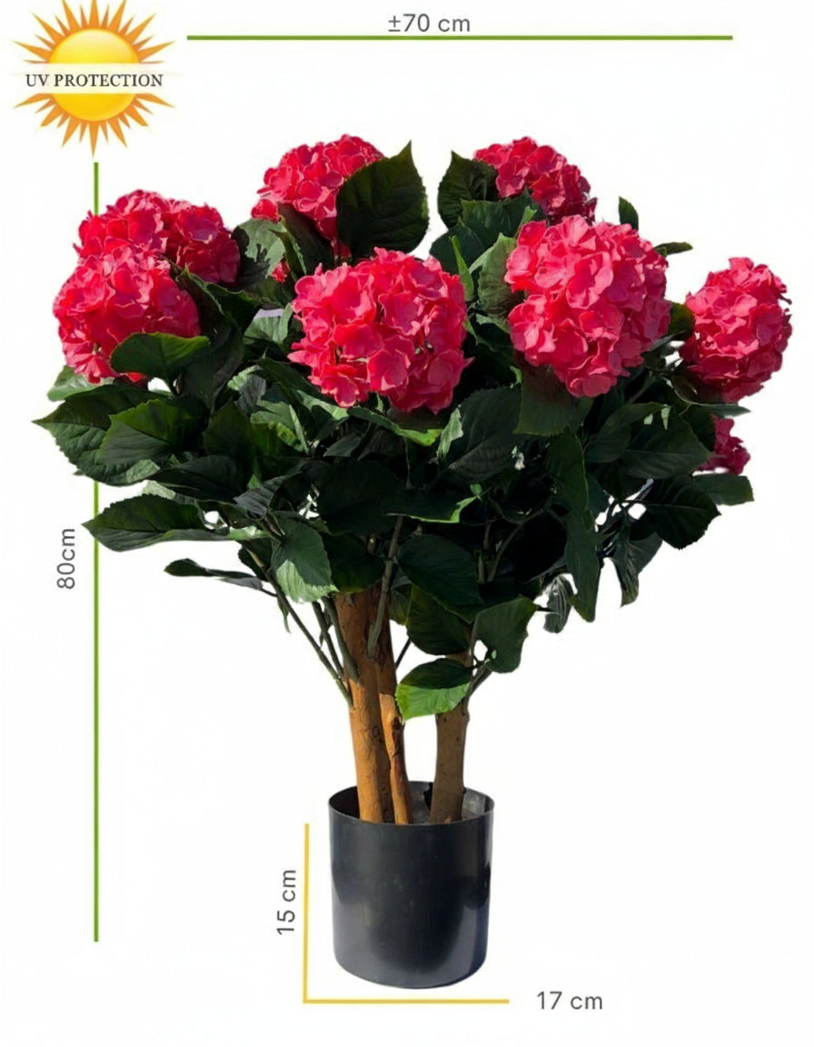 Roze kunsthortensia voor buiten met stelen van 80 cm, UV-bestendig.