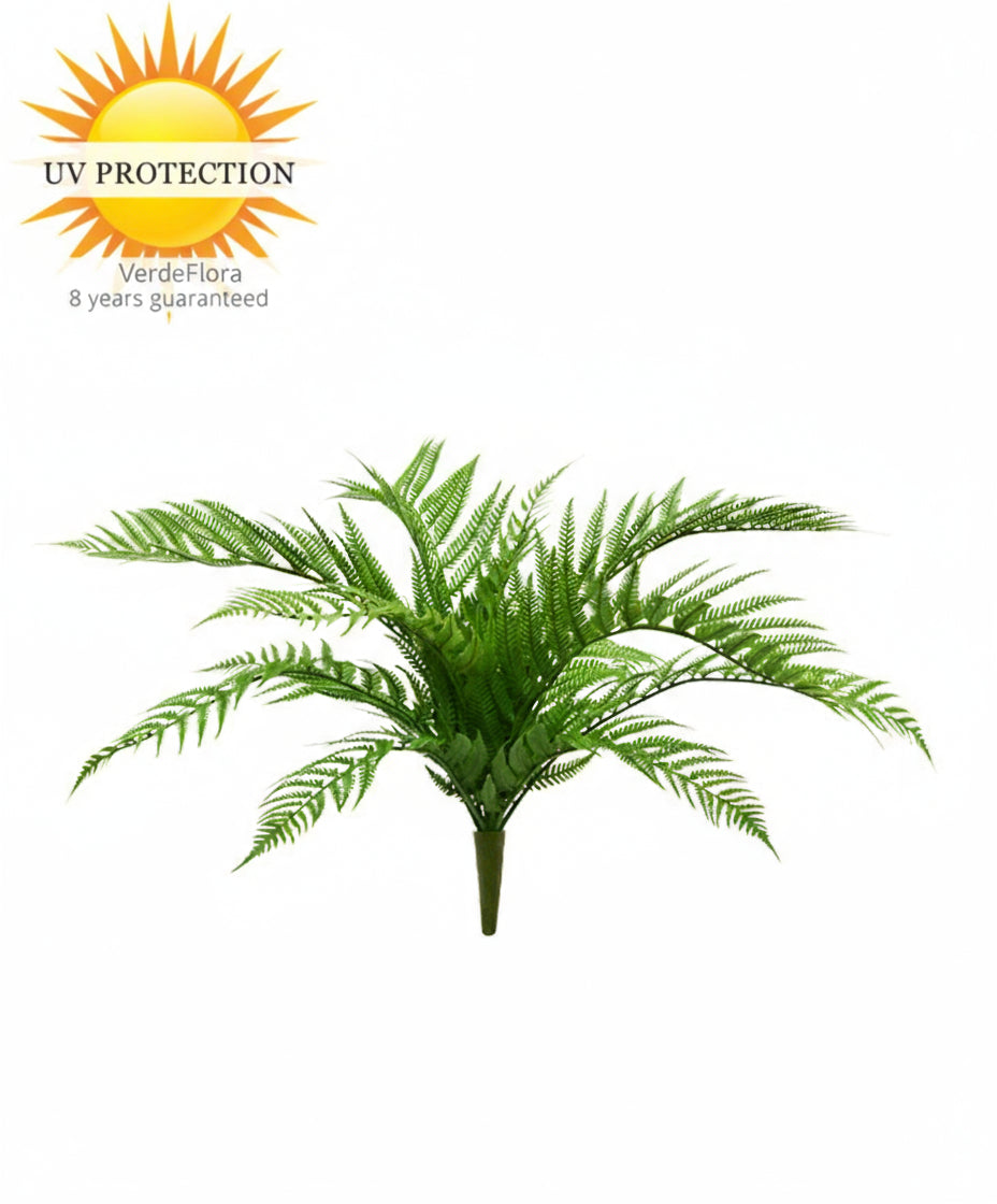 Artificial fern plant with UV protection label on a white background