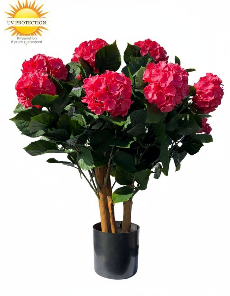 Roze kunsthortensia voor buiten met stelen van 80 cm, UV-bestendig.