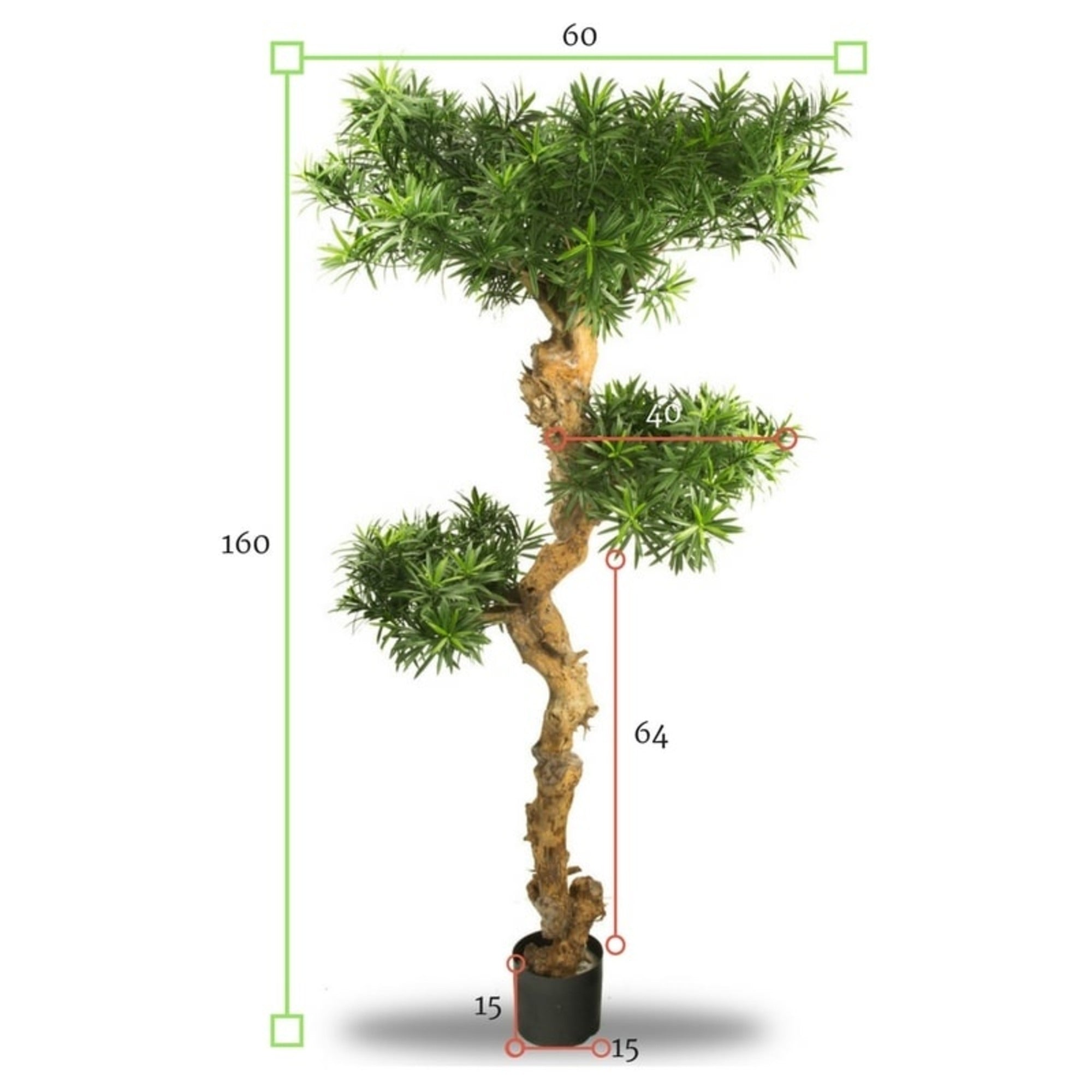 Kunst Podocarpus bonsai voor buiten, 160 cm, UV-bestendig 