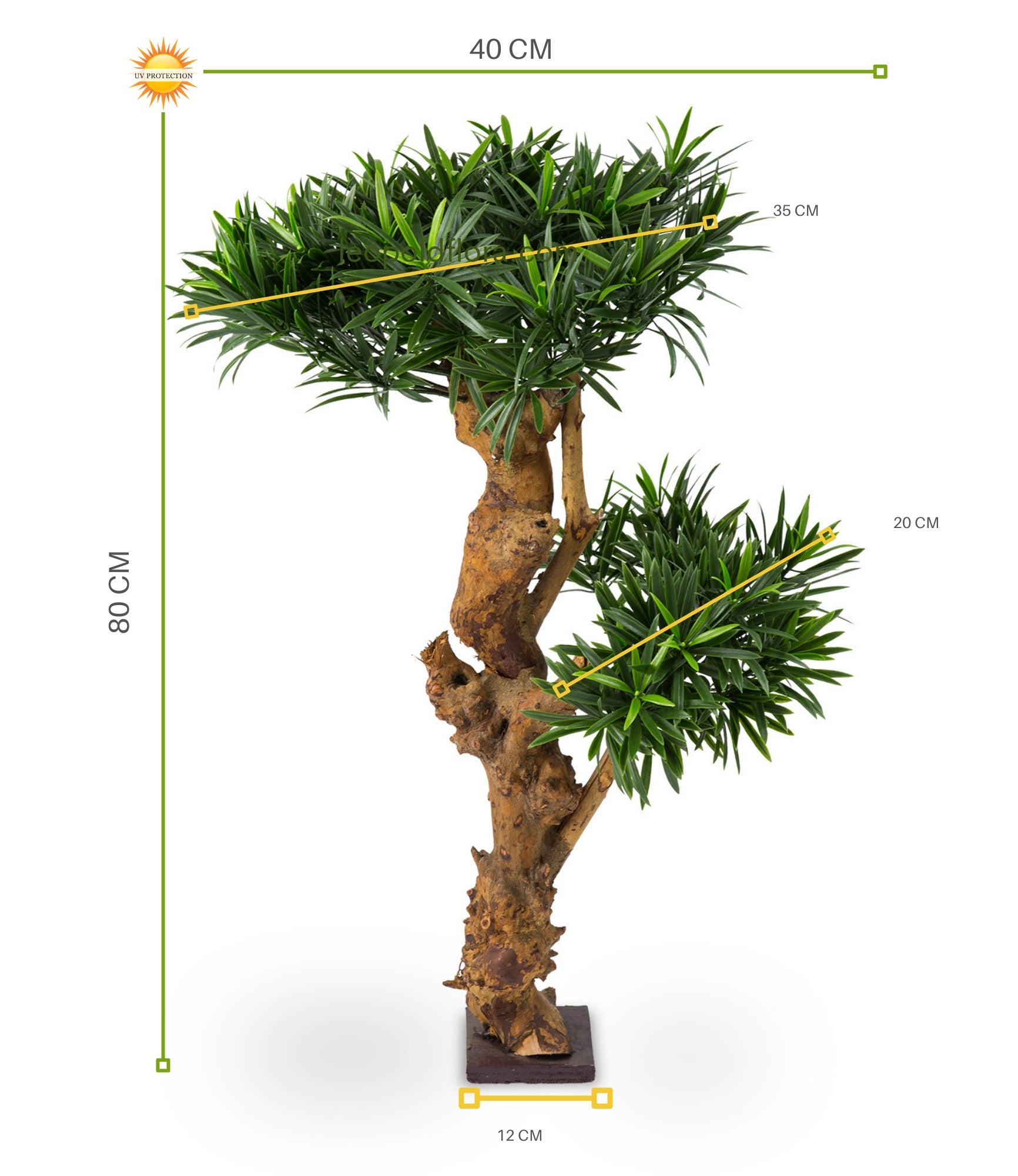 Kunstmatige Podocarpus-plant voor buiten op een echte houten stam van 70 cm met UV-bescherming.