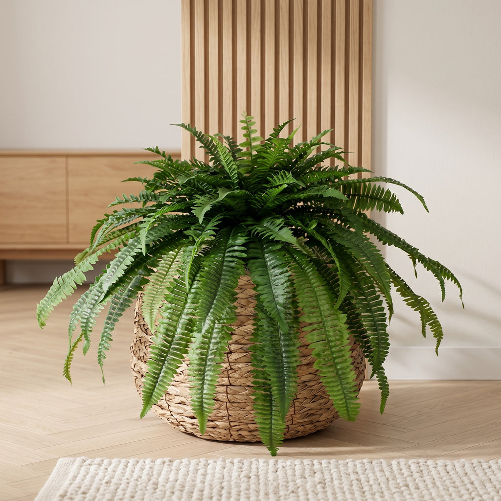 Boston varen kunstplant XL in gevlochten zeegrasmand op lichte houten vloer in een Scandinavisch interieur