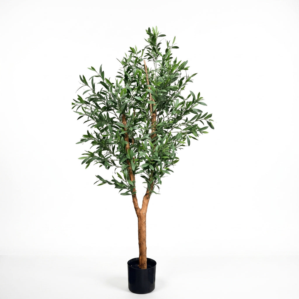 Imitatie olijfboom 150 cm met hardhouten stam kopen, weersbestendig kunstgroen van VerdeFlora
